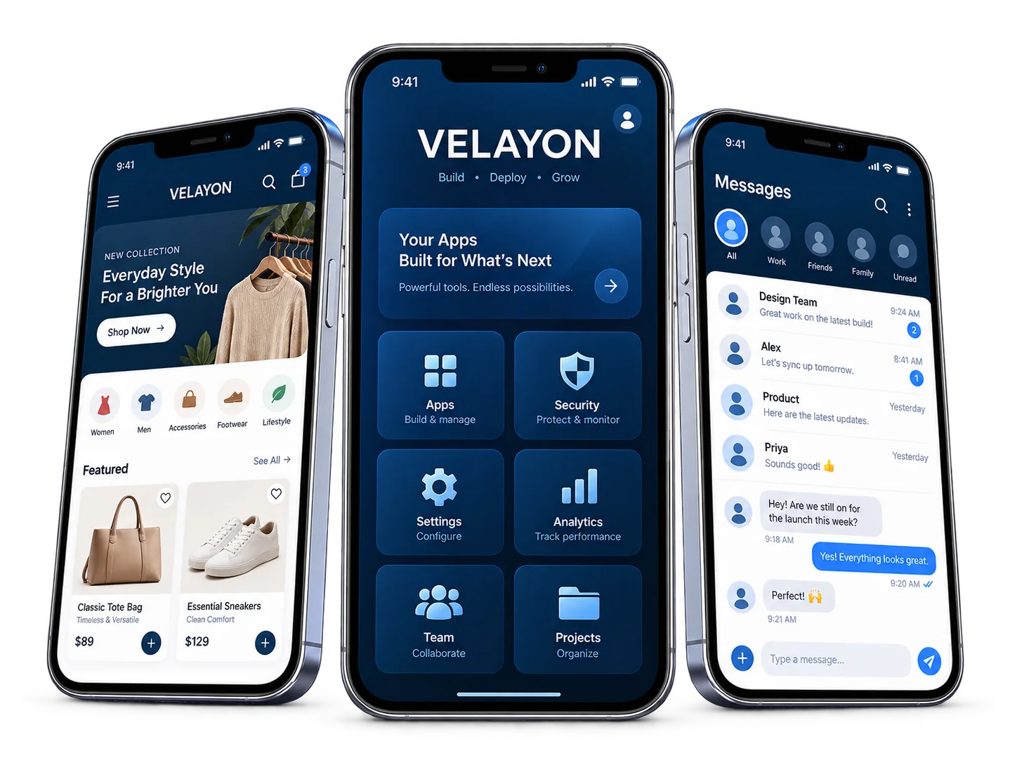 Three-dimensional phones showing ecommerce, Velayon platform and messaging applications