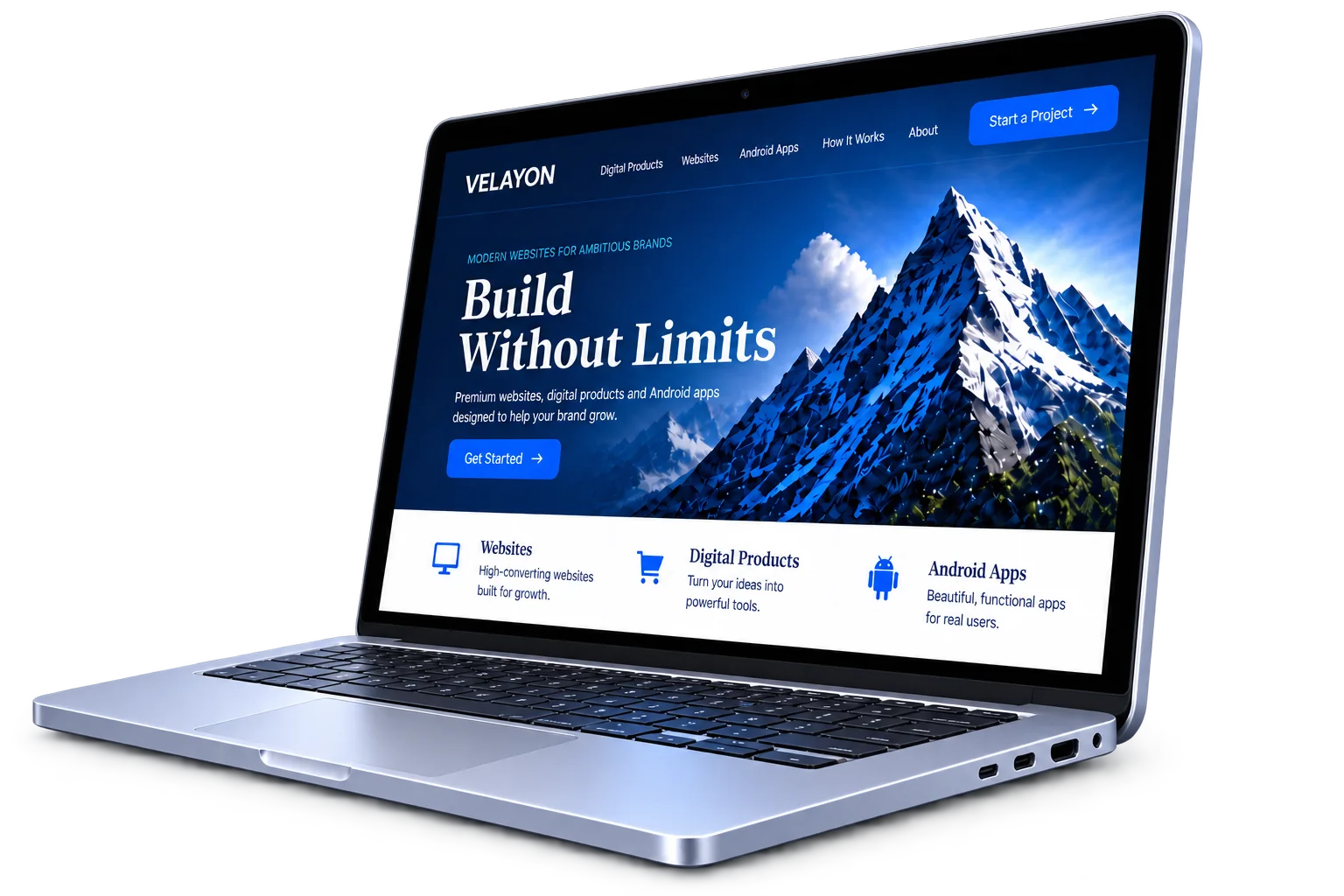 Three-dimensional laptop angled left and showing a Velayon website